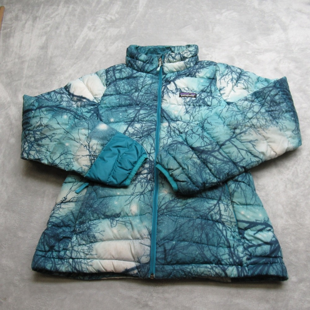 Patagonia Down Sweater Down‎ Jacket Girls XL 14 Teal Tree Print Puffer Warm READ - Picture 2 of 16